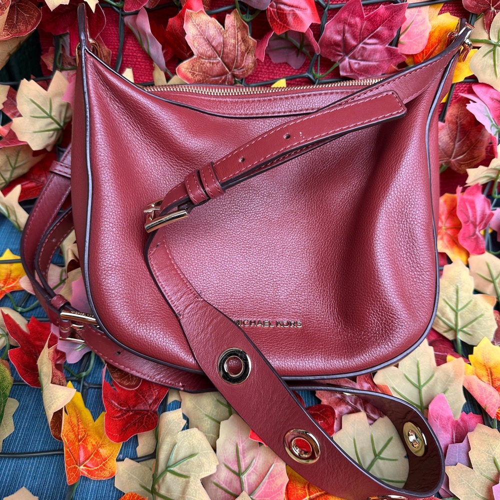 Michael Kors Burgundy Pebble Leather Crescent Shoulder Bag